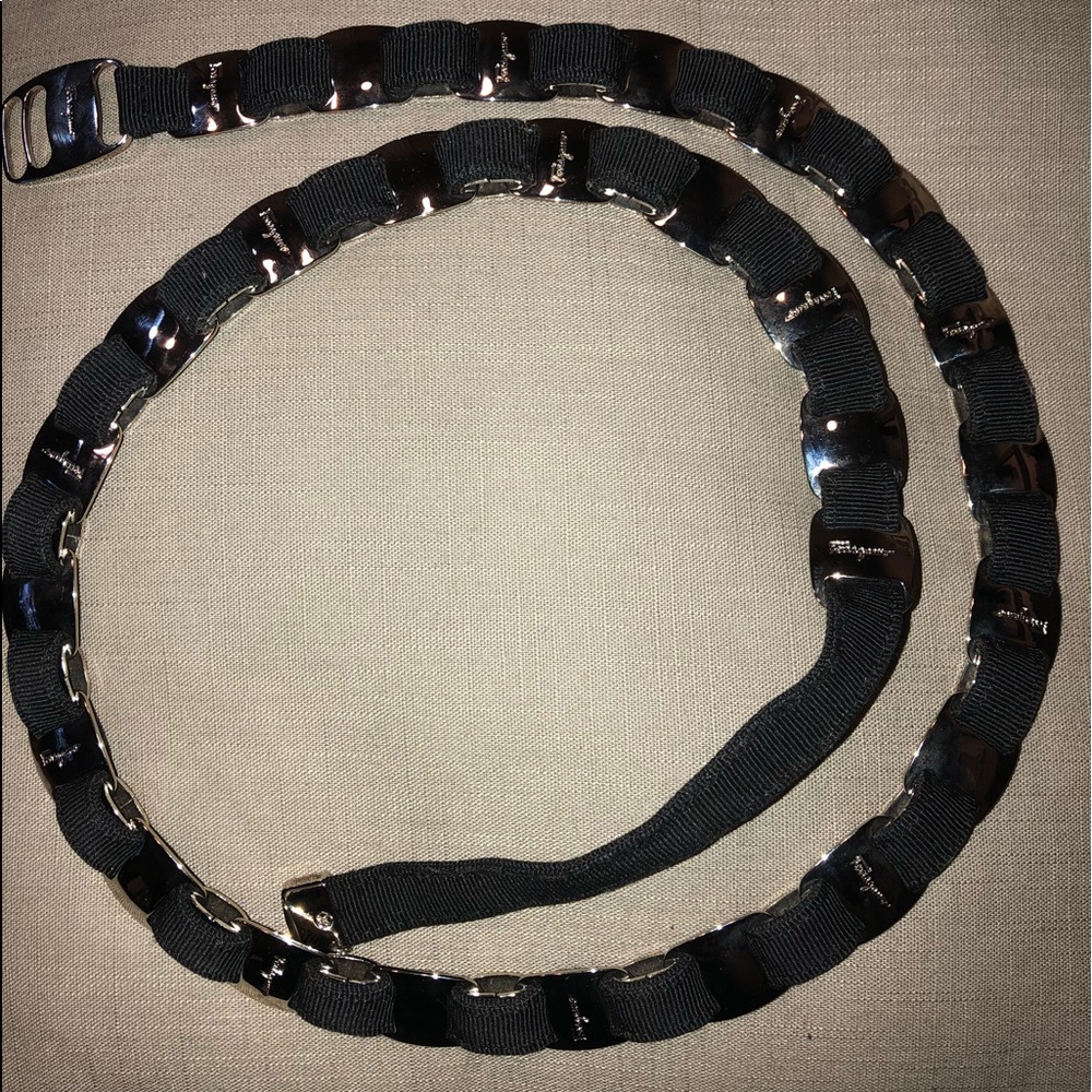 Salvatore Ferragamo black silver and ribbon belt